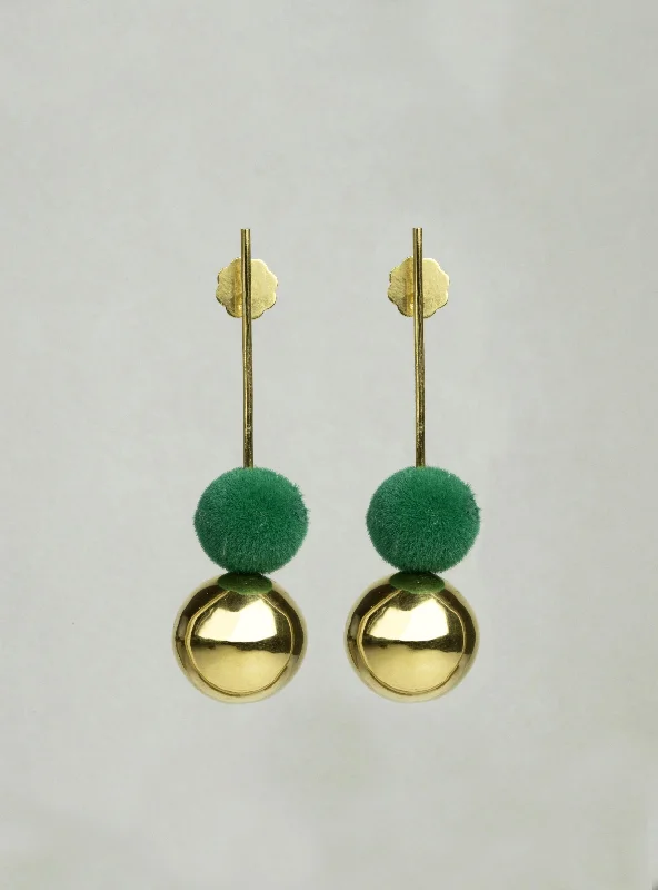 ladies earrings symmetrical-Drop Earrings with Gold Orb and Green Pompom