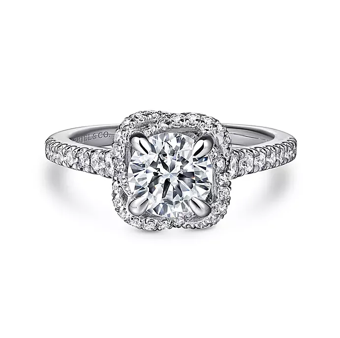 ladies engagement rings casual-Warner - 14K White Gold Cushion Halo Round Diamond Engagement Ring