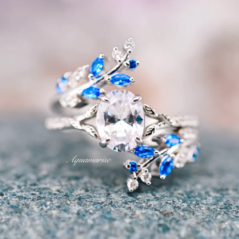 ladies engagement rings astrology-Blue Sapphire & Moissanite/Diamond Leaf Engagement Ring Set- 14K White Gold