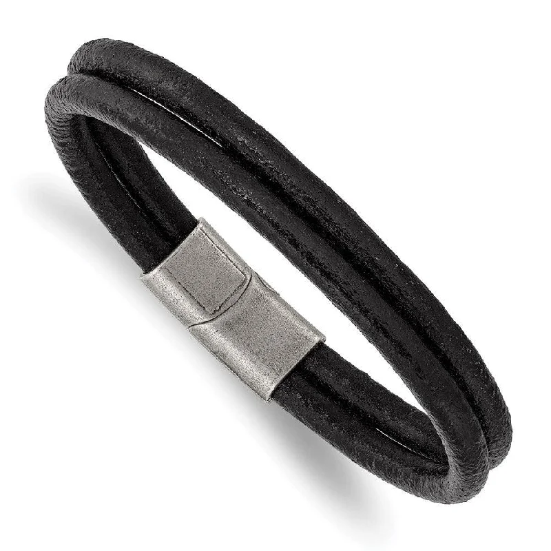 Ladies bracelets halo stone design -Stainless Steel Antiqued Black Leather 2-Strand 8.25in Bracelet