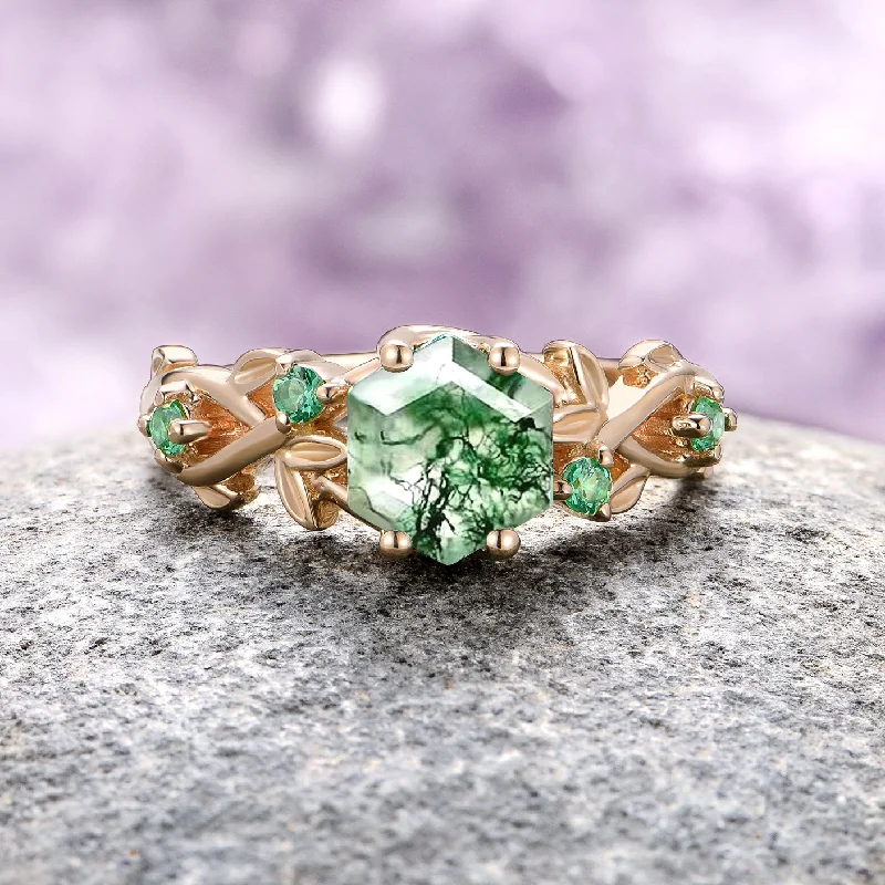 ladies engagement rings harmony-Woodland Green Moss Agate & Emerald Leaf Engagement Ring- 14K/ 18K Solid Yellow Gold