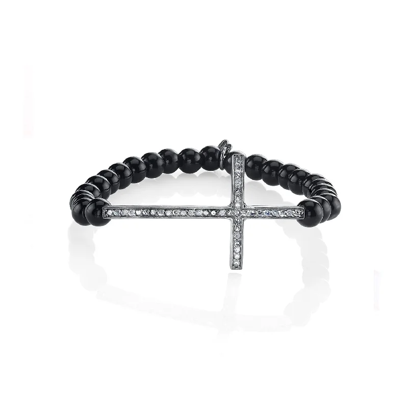 Ladies bracelets sustainable shine -Black Onyx Bracelet with Diamond Cross - 6mm  B0001139