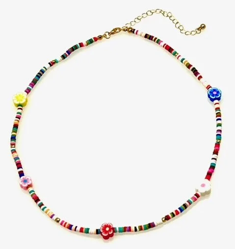 Ladies necklaces free shipping -Bright Beaded Necklace with Flower beads