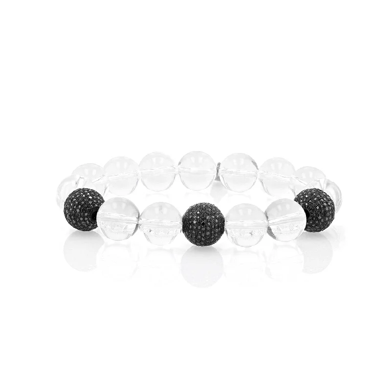 Ladies bracelets dog glow -Crystal Quartz Bracelet with 3 Pave Black Diamond Balls - 12mm  B0003661