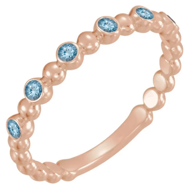 ladies rings fast shipping-14KT GOLD 0.12 CTW AQUAMARINE 3 STONE BEADED STACKABLE RING