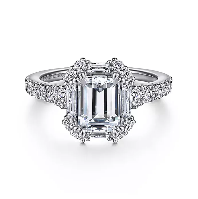 ladies engagement rings emerald cut-Lago - Art Deco 14K White Gold Halo Emerald Cut Diamond Engagement Ring