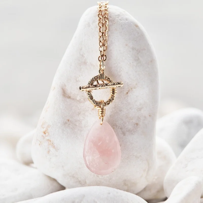 Ladies necklaces ethically sourced -Golden Chain Necklace with Rose Quartz Stone