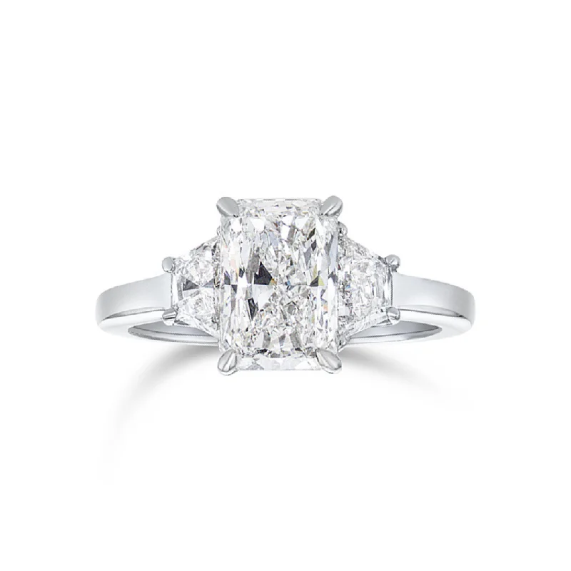 ladies engagement rings baguette-2.01 CT Radiant Diamond and 0.58 CT Trapezoid Three Stone Platinum Engagement Ring