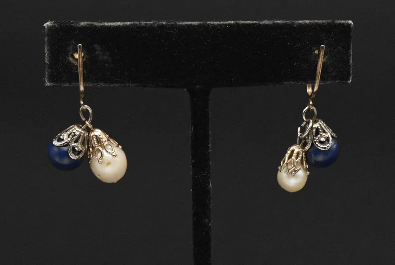 ladies earrings styles-Vintage Sterling Silver Cultured Pearl and Glass Screw Back Earrings