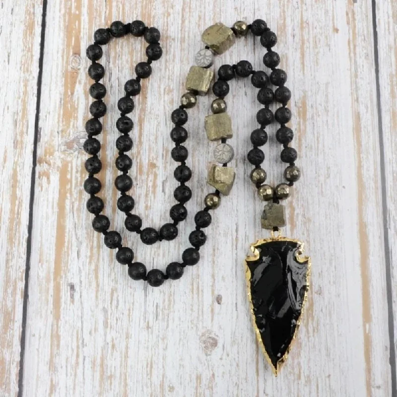 Ladies necklaces sapphire glow -Black Obsidian Arrowhead Crystal Necklace