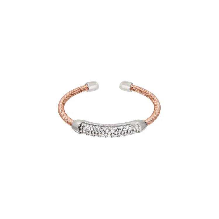 ladies rings auction-Rose Gold Finish Sterling Silver Single Cable Cuff Ring with Rhodium Finish Double Row Simulated Diamonds