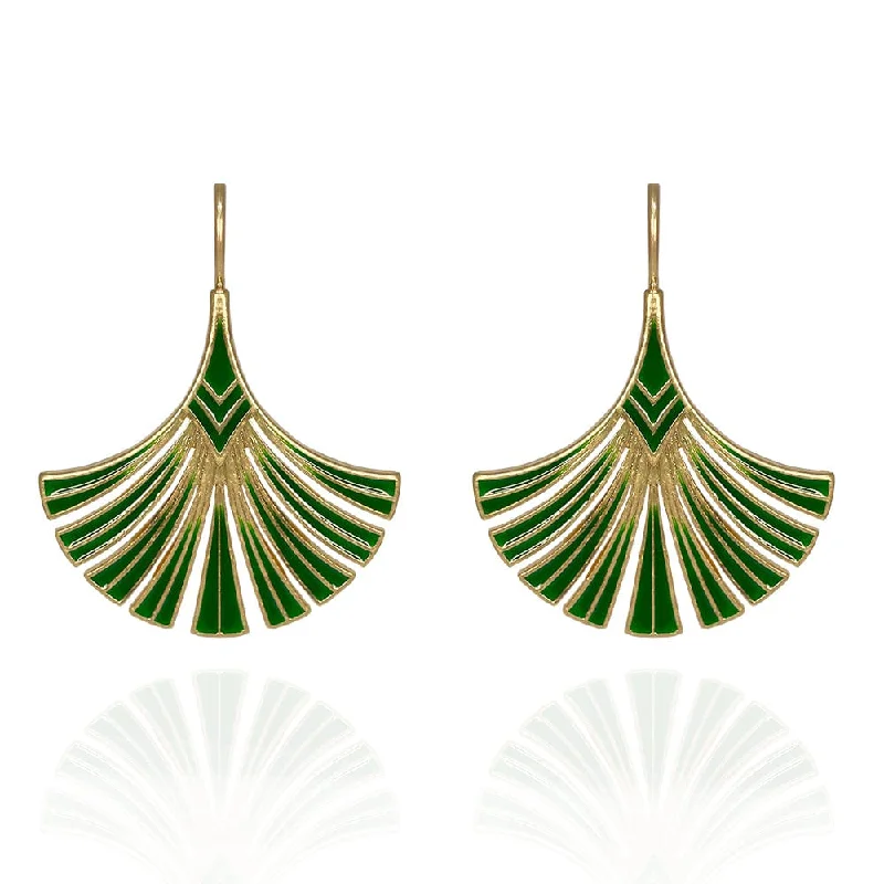 ladies earrings cheap-Green Art Deco Palm Leaf Earrings: Green Drop Earrings