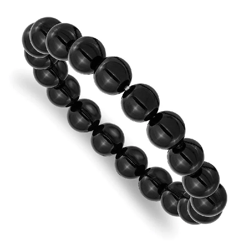 Ladies bracelets black white -Black Agate Beaded Stretch Bracelet