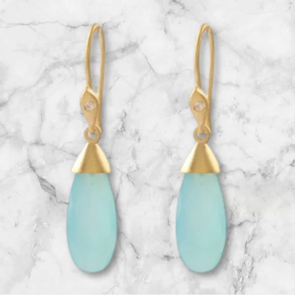 ladies earrings opal-Narrow Aqua Chalcedony Drop Earrings