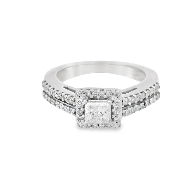 ladies engagement rings vintage style-Princess Cut Halo Split Shank Engagement Ring