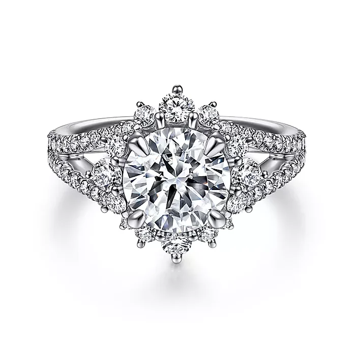 ladies engagement rings geometric-Sonata - 14K White Gold Fancy Halo Round Diamond Engagement Ring