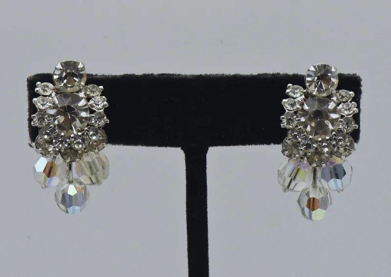 ladies earrings bridal-Vintage Silver Tone Rhinestone and Beads Clip-On Earrings