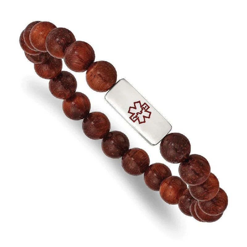 Ladies bracelets amethyst glow -Stainless Steel Polished with Enamel Medical ID Padauk Wood Bracelet