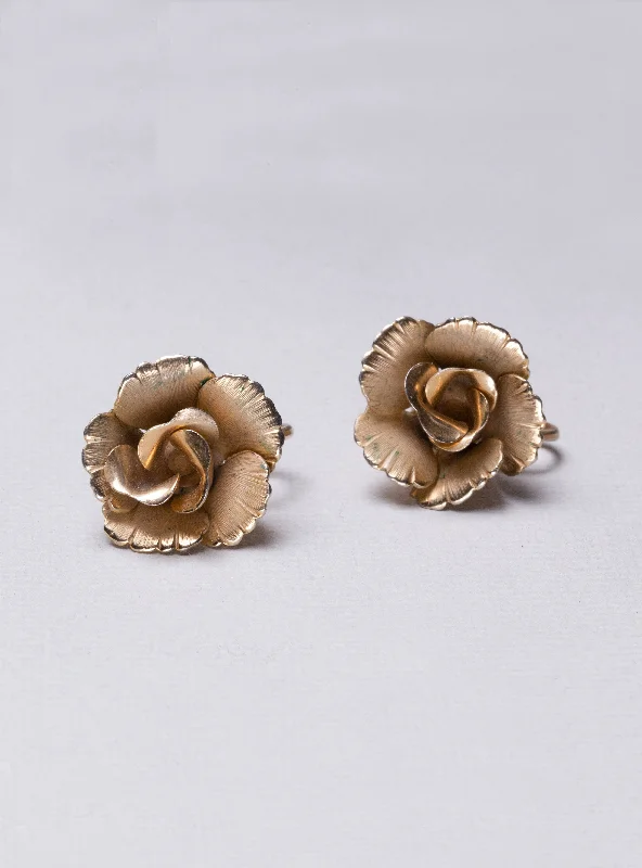 ladies earrings long-Vintage Gold Flower Clip-on Earrings