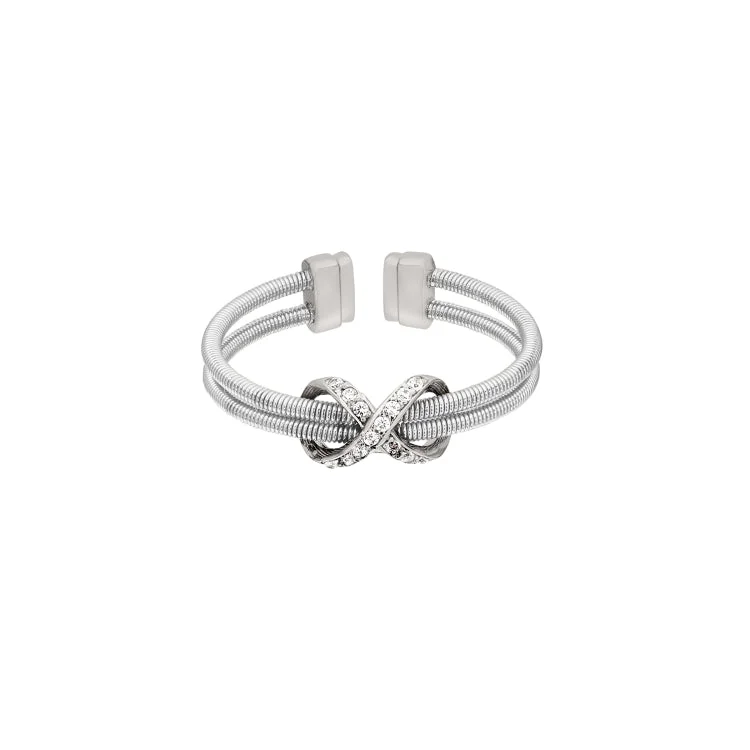 ladies rings couple-Rhodium Finish Sterling Silver Two Cable Cuff Ring with Rhodium Finish Simulated Diamond Infinity