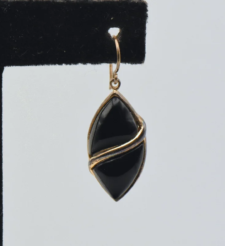 ladies earrings energy-UNMATCHED Vintage Black Onyx Gold Tone Sterling Silver Dangle Earring