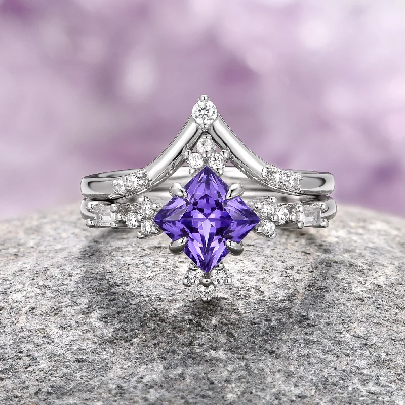 ladies engagement rings reward-Natural Amethyst Engagement Ring Set- 14K White Gold