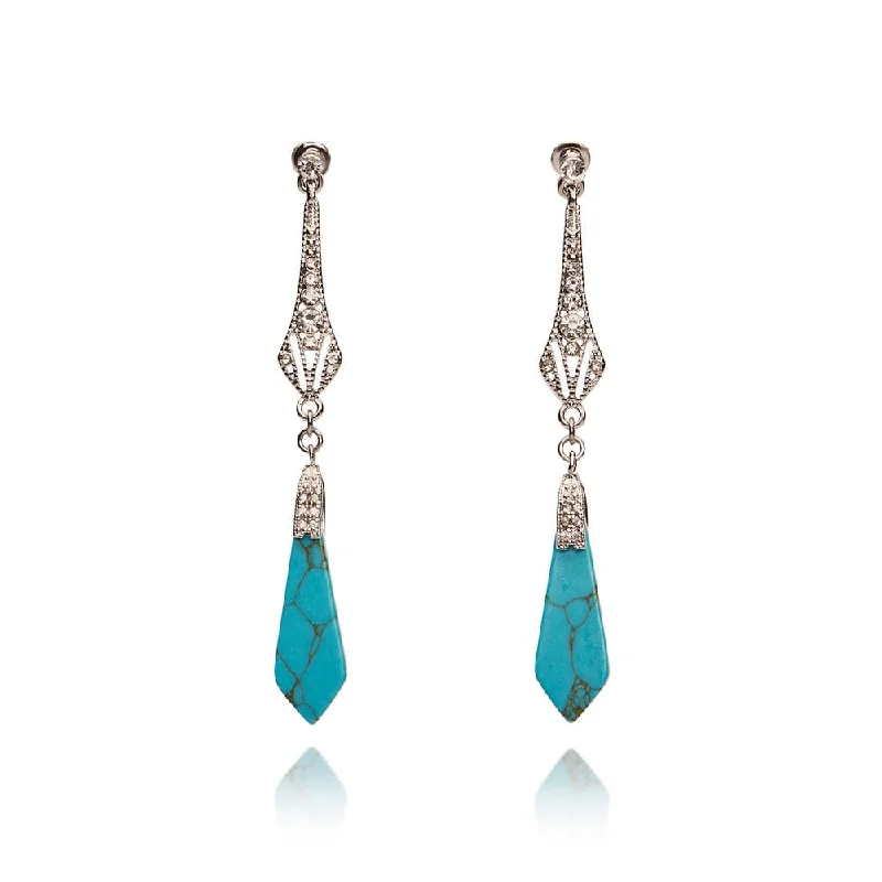 ladies earrings graduation-Victorian Style Turquoise and Silver Long Drop Earrings