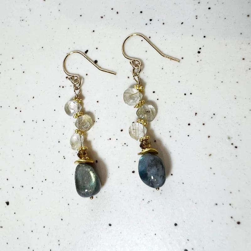 ladies earrings retro design-Labradorite Beads, Rutilated Quartz Briolettes Earrings