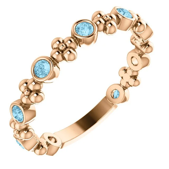 ladies rings sturdy-14KT GOLD 0.36 CTW ROUND AQUAMARINE BEZEL-SET BEADED FLORAL RING