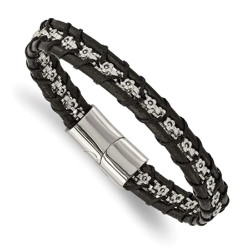 Ladies bracelets thai glow -Stainless Steel Polished Flower Link Black Leather 8.25in Bracelet