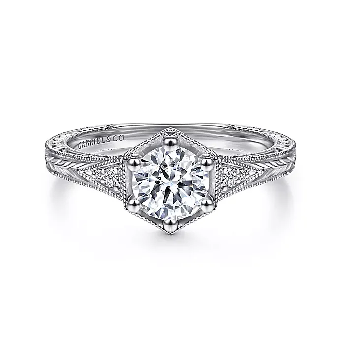 ladies engagement rings durable-Priya - Vintage Inspired 14K White Gold Round Diamond Engagement Ring