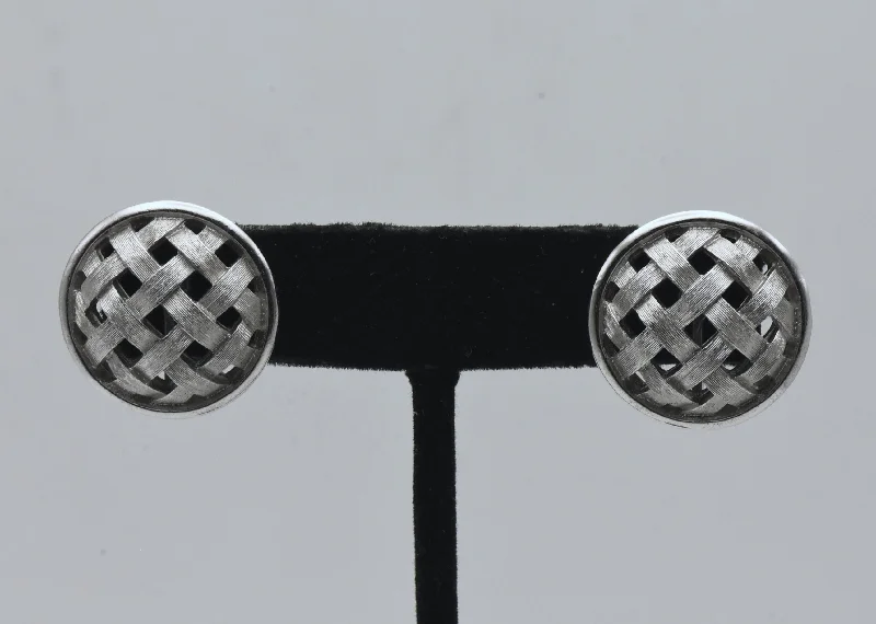 ladies earrings deals-Trifari - Vintage Silver Tone Basket Weave Clip On Earrings