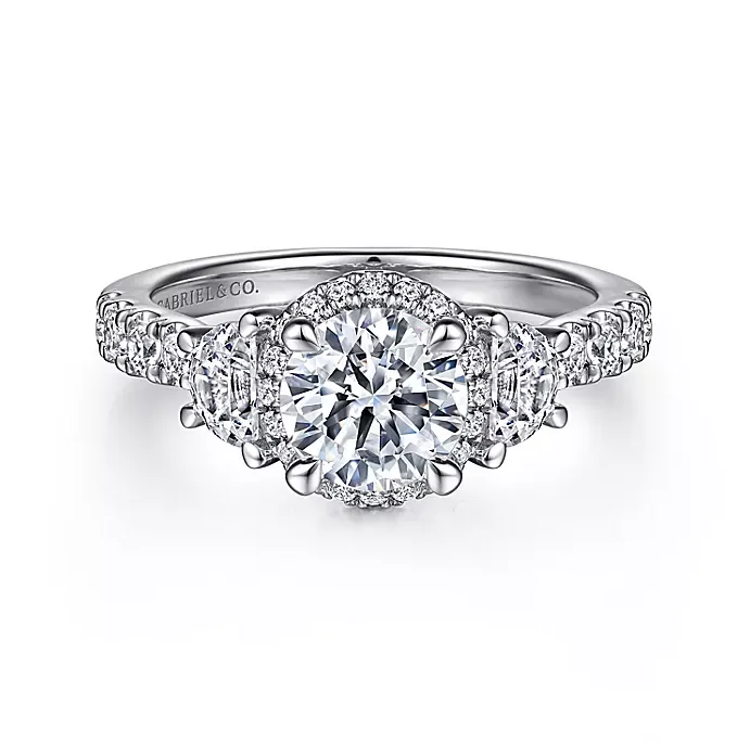 ladies engagement rings chic-Adelie - 14K White Gold Round Three Stone Halo Diamond Engagement Ring