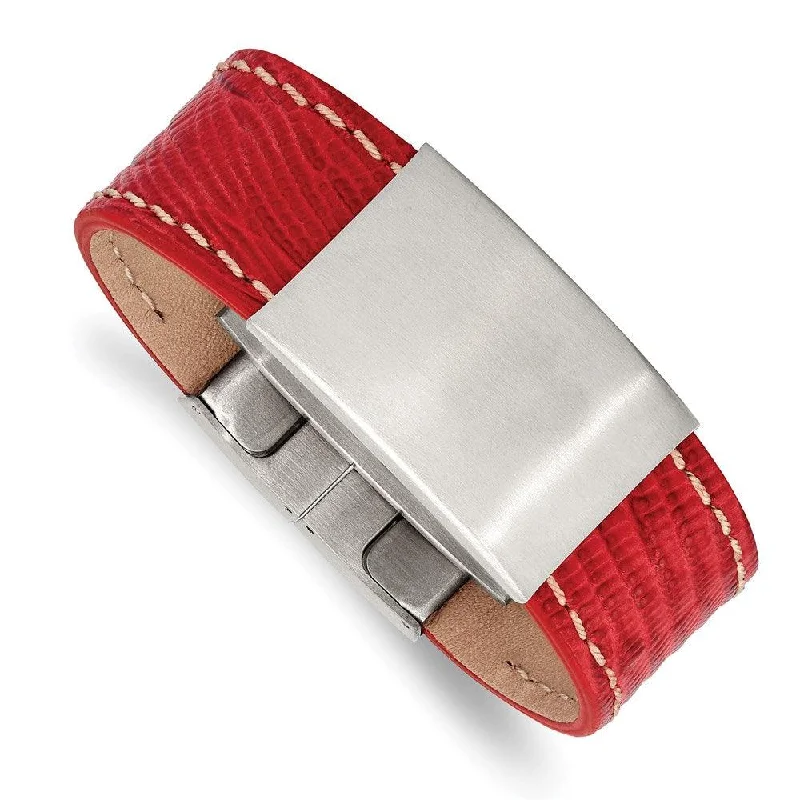 Ladies bracelets christian glow -Stainless Steel Brushed Red Leather 8in ID Bracelet