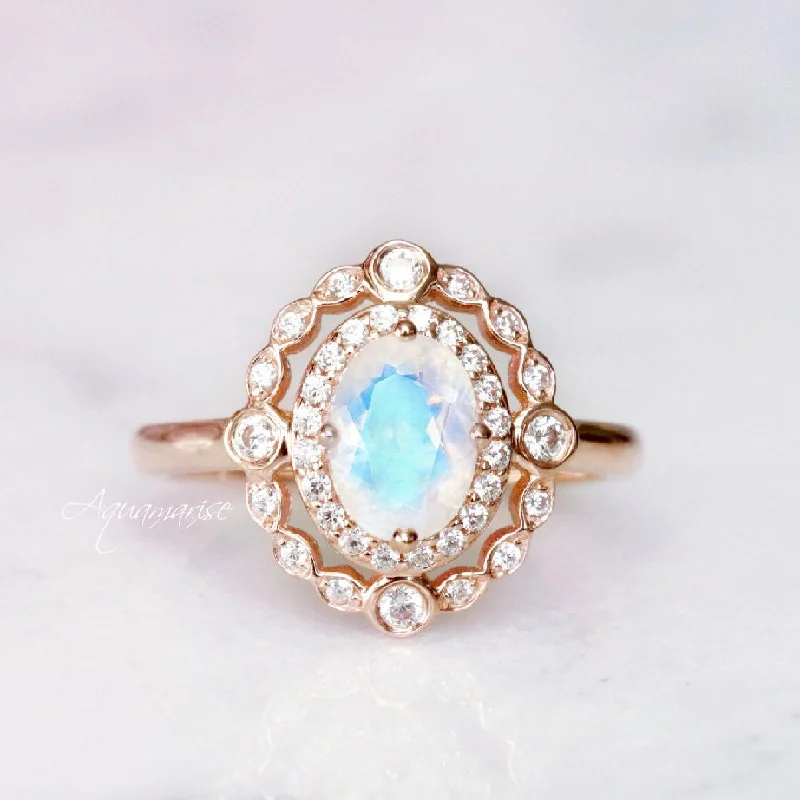 ladies engagement rings art deco-Valentina Rainbow Moonstone Engagement Ring- 10K/14K/18K Solid Rose Gold