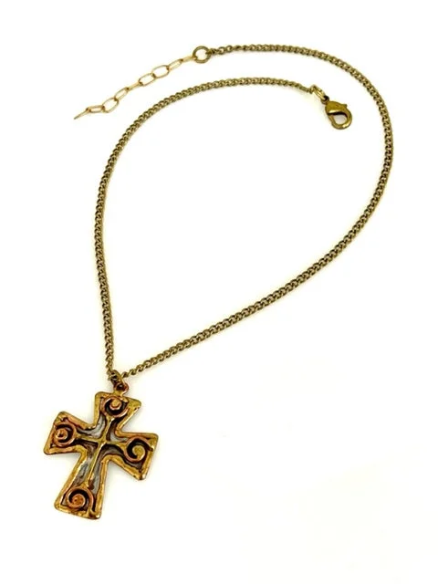 Ladies necklaces smoky quartz drop -Multi Metal Artisan Necklace with Brass chain - Cross