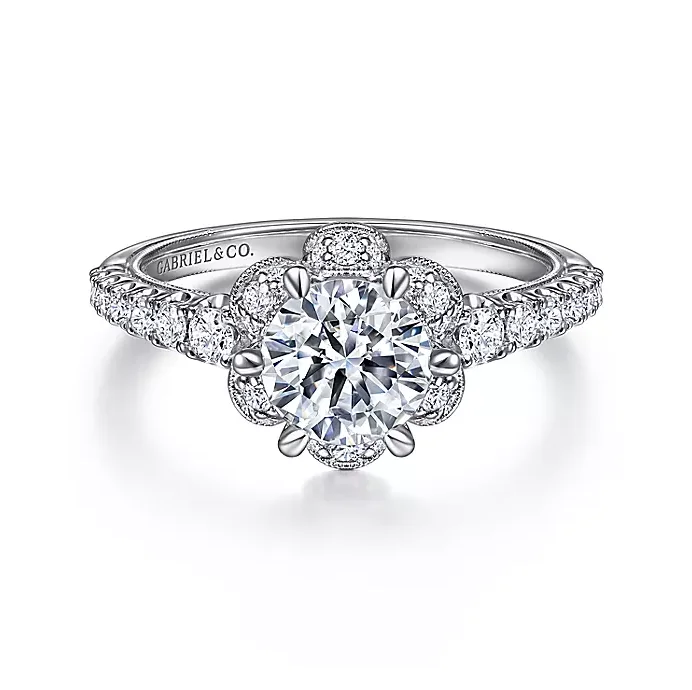 ladies engagement rings auction-Lido - 14K White Gold Floral Halo Round Diamond Engagement Ring