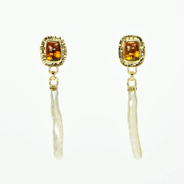 ladies earrings yoga-Amber Tourmaline & Freshwater Pearl Earrings