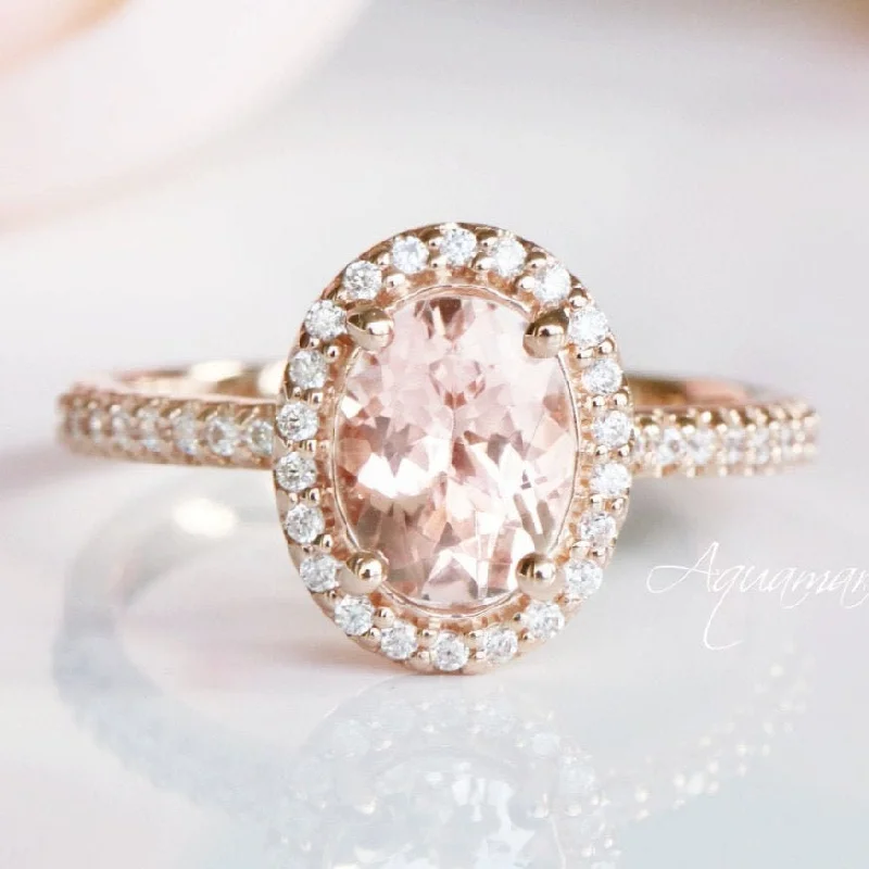 ladies engagement rings yellow-Iris Oval Halo Morganite Engagement Ring- 14K Solid Rose Gold