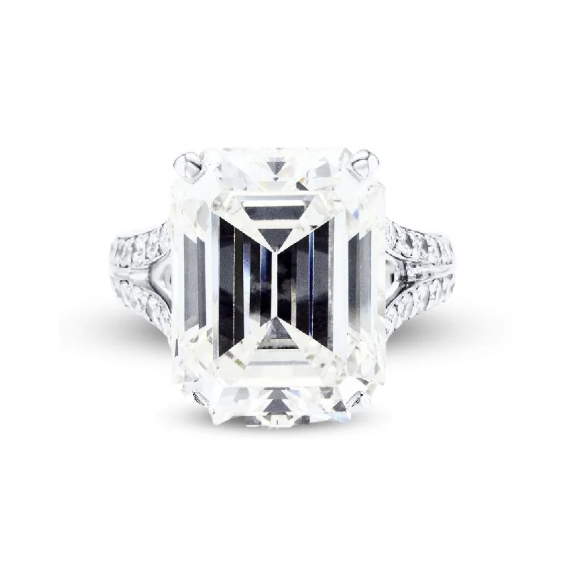 ladies engagement rings sustainable-12.64 CT Emerald Cut and 1.00 Cttw Diamond Split Shank Pavé Platinum Engagement Ring