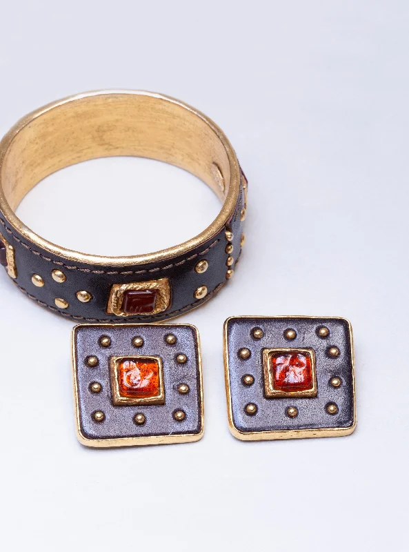 ladies earrings tiny-Set of Vintage Leather and Gold Cuff Bracelet and Earrings