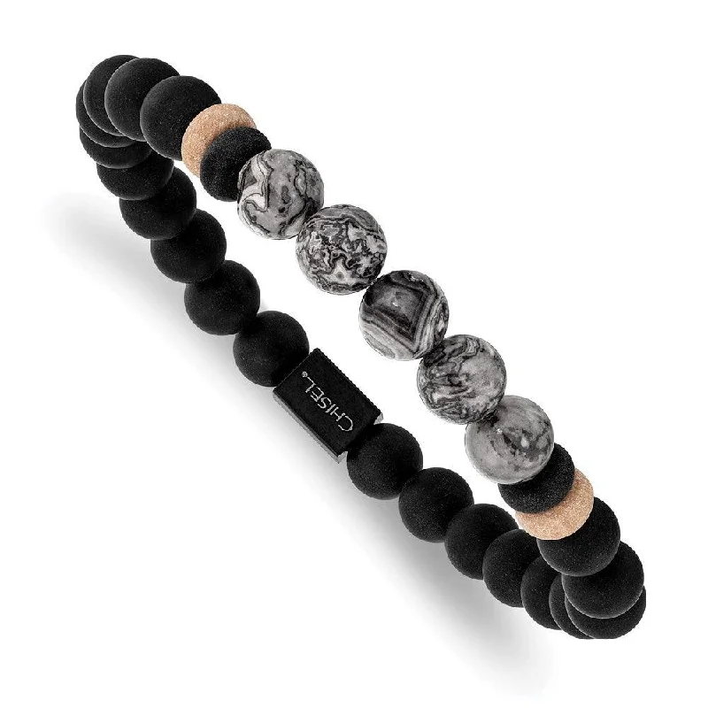 Ladies bracelets for her glow -Stainless Steel Brushed Black IP Black Agate/Grey Jasper Stretch Bracelet