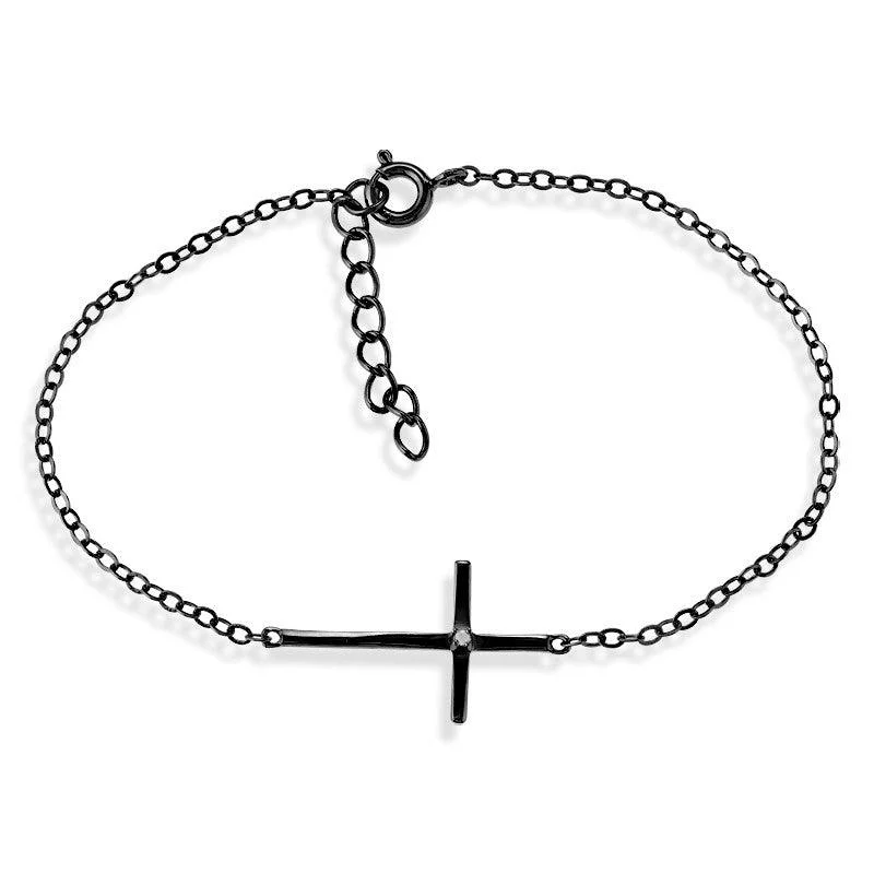 Ladies bracelets thai glow -Sterling Silver Single Black Rhodium CZ Sideways Cross Bracelet