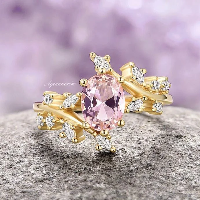 ladies engagement rings holiday-Morganite Fairy Leaf Engagement Ring- 14K Solid Yellow Gold