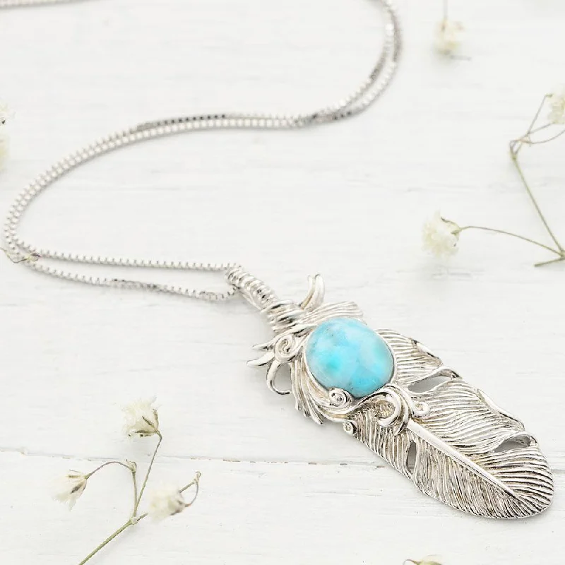 Ladies necklaces cat charm -Larimar Feather Necklace