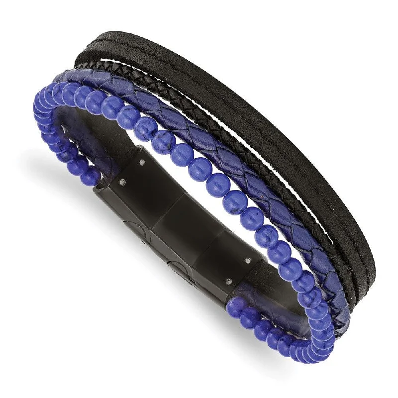 Ladies bracelets floral glow -Stainless Steel Polished Black IP with Lapis Leather w/.5in ext Bracelet