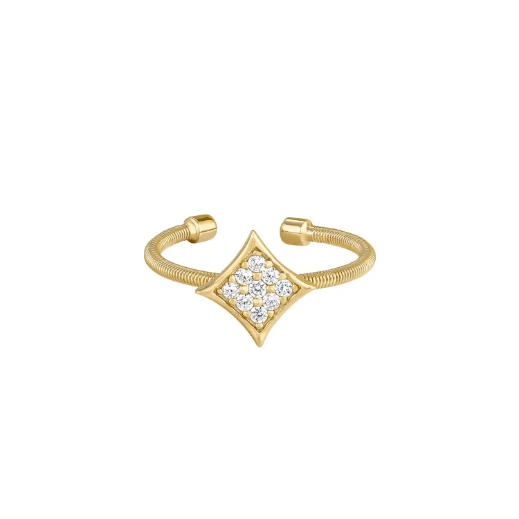 ladies rings seasonal-Gold Finish Sterling Silver Cable Cuff Diamond Shaped Ring with Simulated Diamonds