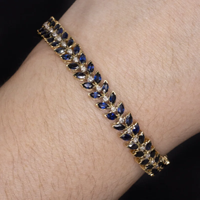 Ladies bracelets star inspired -10 CARAT SAPPHIRE DIAMOND BRACELET 14k YELLOW GOLD WIDE MARQUISE PATTERN BLUE