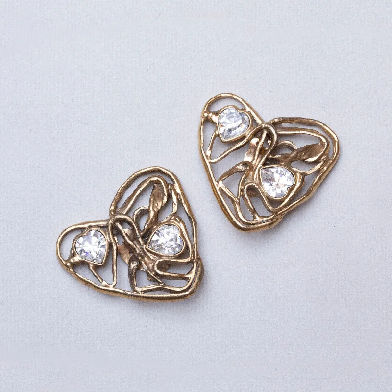 ladies earrings outdoor-Vintage Heart Clip-on Earrings with Rhinestones