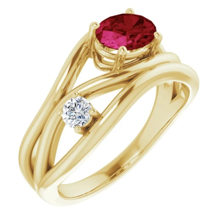 ladies rings adjustable size-14K Yellow Lab-Grown Ruby & 1/10 CTW Natural Diamond Ring